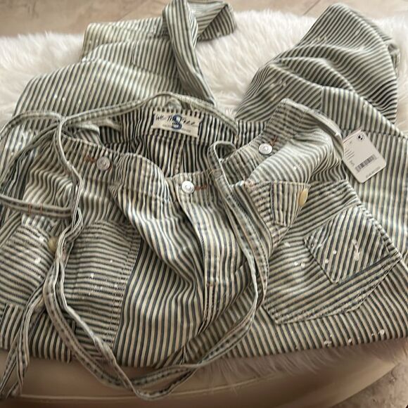 Free People Striped Overalls in Olive and White - Picture 5 of 10